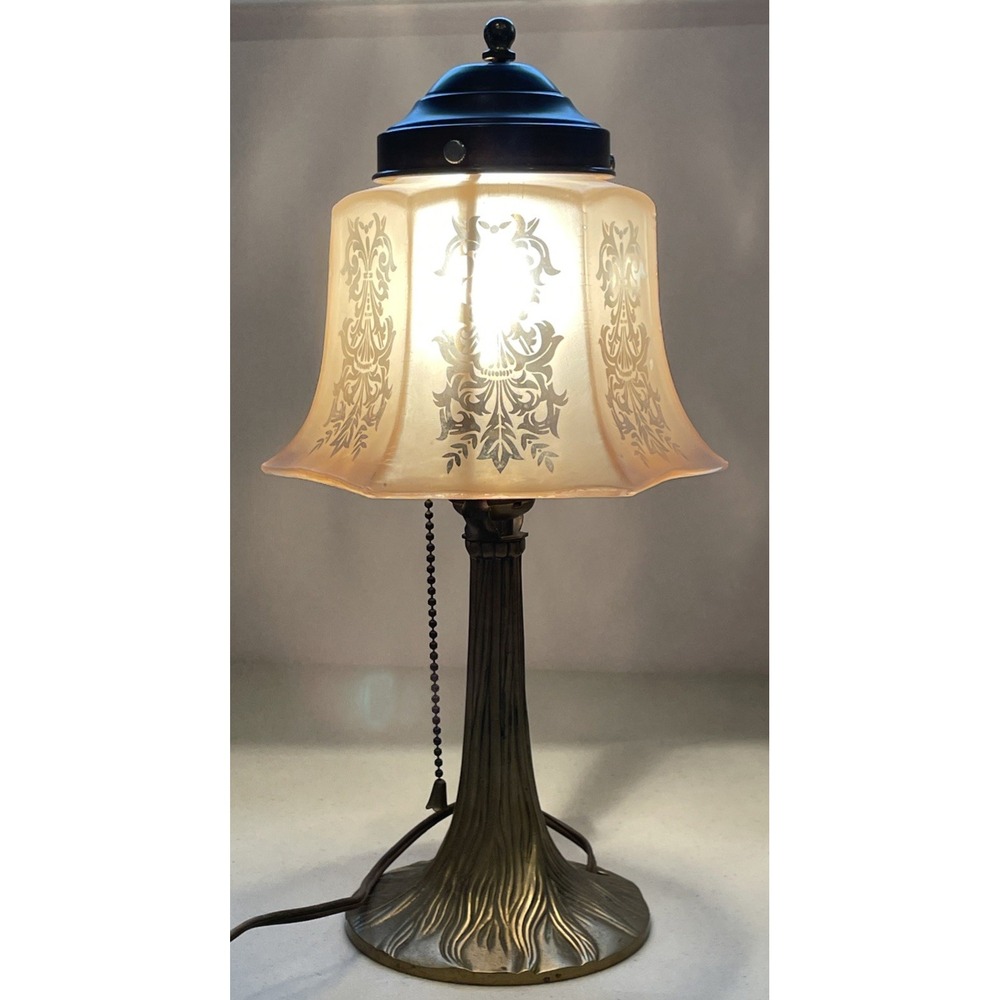 Vintage Art Nouveau Brass Table Lamp Etched Glass Shade Tiffany Style Tree Base - Picture 5 of 16